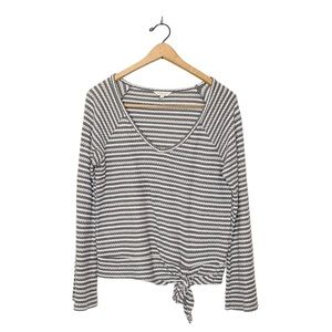 Lucky Brand Waffle Knit‎ Grey Stripe Tie Front Sweater Small S